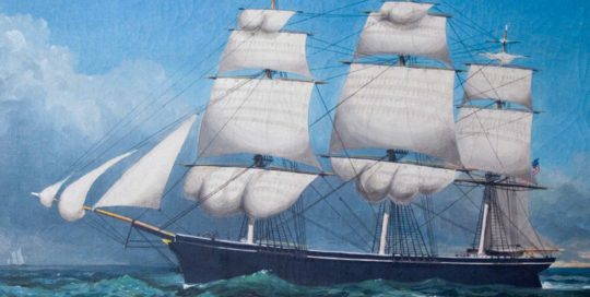 Painting of ship, Surprise, by Samuel H. Pook